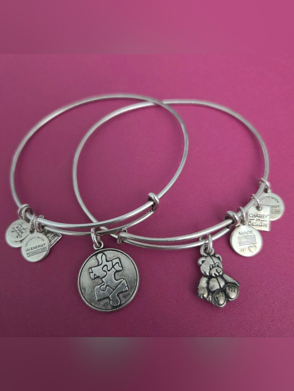 ALEX AND ANI Teddy Bear & Autism Awareness Puzzle Charm Bangle / Bracelet Set